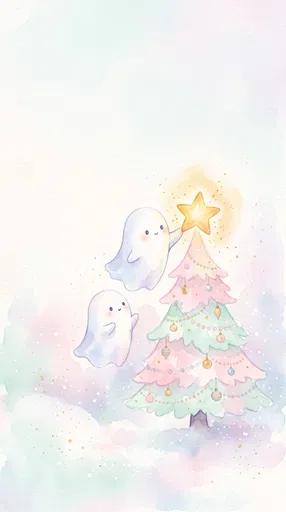 Watercolor Ghosts Decorating Pastel Christmas Tree