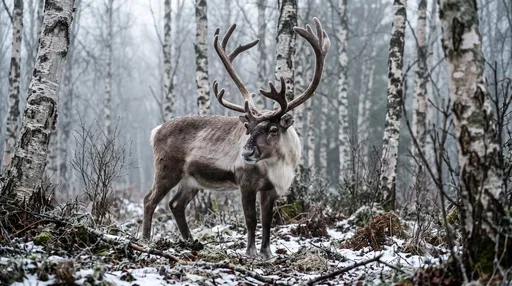 Reindeer Standing in Snowy Birch Forest