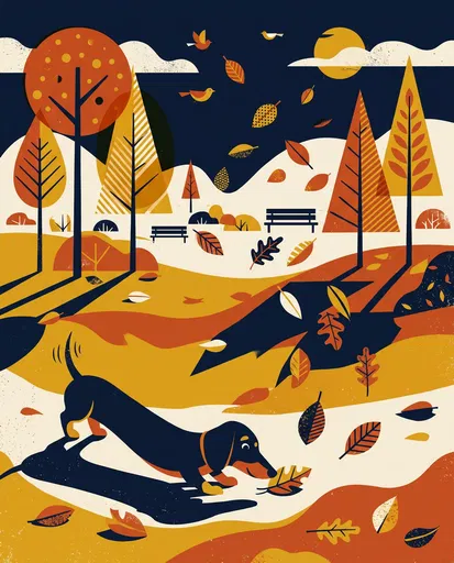Mid-Century Modern Dachshund in Autumn Park Illustration