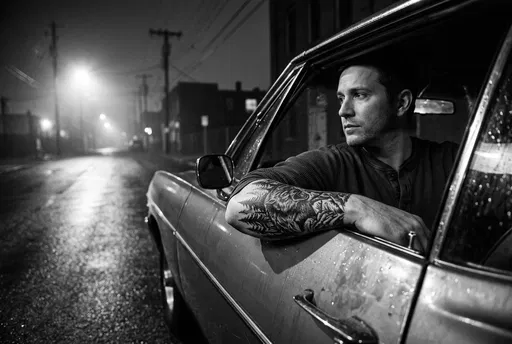Tattooed Man in Classic Car at Night