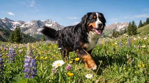 Bernese Mountain Dog in Alpine Meadow