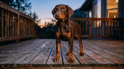 Red Doberman Puppy on Wooden Deck