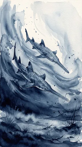 Indigo Watercolor of Two Swimming Sawsharks