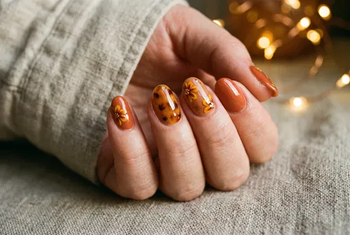 Warm Terracotta and Floral Manicure
