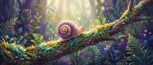 Whimsical Colorful Snail on Mossy Branch