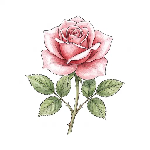 Botanical Pink Rose Colored Pencil Drawing