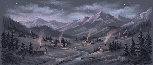 Pastel Mountain Valley Village at Night