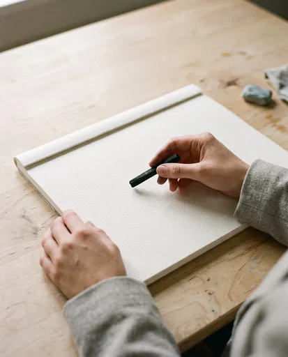Hands Holding Charcoal Over Blank Sketchpad