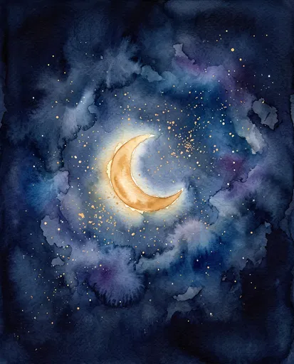 Watercolor Crescent Moon in Starry Sky