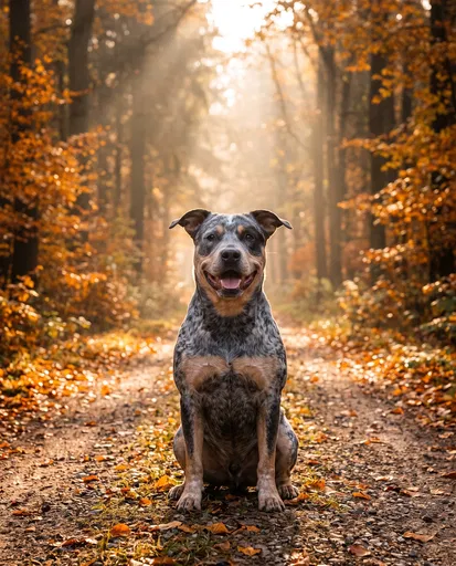 Happy Cattle Dog Mix in Autumn Forest