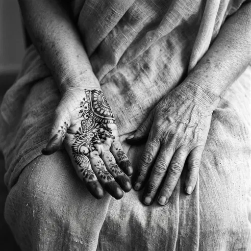 Elderly Hands With Henna in Monochrome