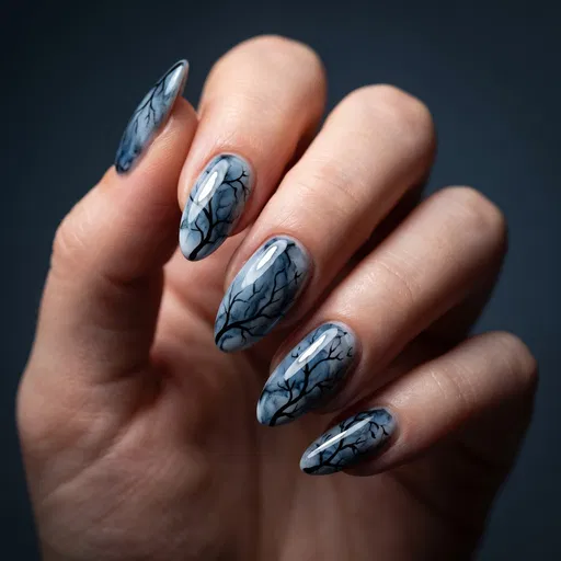 Smoky Blue Tree Branch Halloween Nail Art