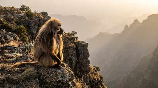 Gelada Baboon on Cliff at Sunrise