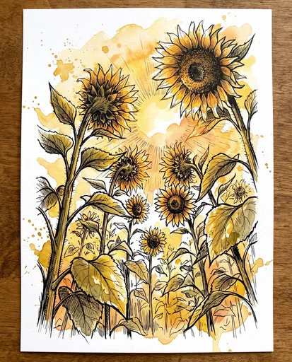Golden Watercolor and Ink Sunflowers Illustration
