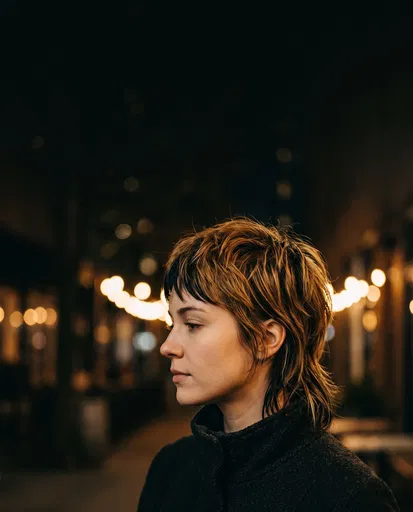 Woman With Brown Pixie Mullet at Night