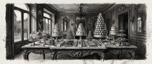 Charcoal Drawing of Parisian Patisserie Display