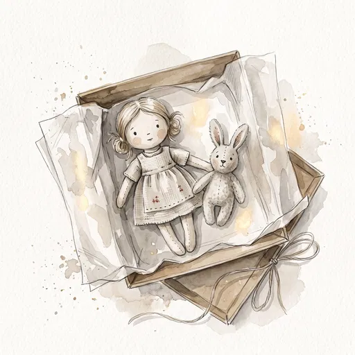 Watercolor Doll and Bunny in Box