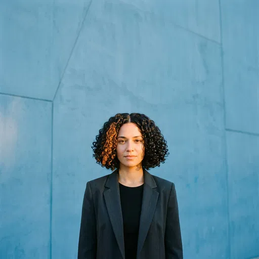 Woman With Curly Bob Against Blue Wall