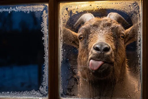 Funny Brown Goat Behind Frosty Window