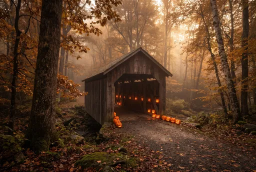 Autumn Covered Bridge With Glowing Pumpkins