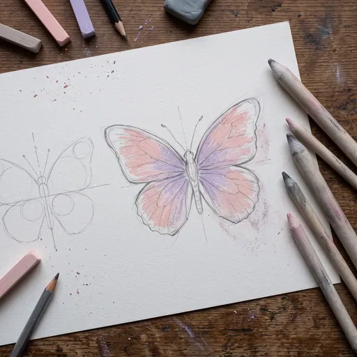 Pastel Butterfly Drawing Guide Flat Lay
