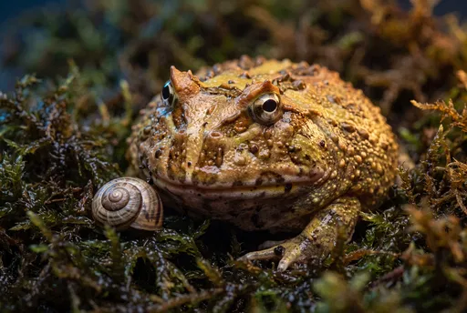 Horned Frog and Snail in Moss