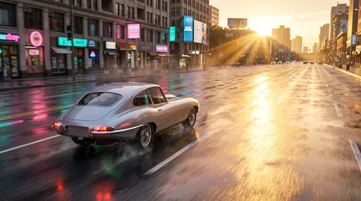 Silver Classic Car on Wet Sunset Street
