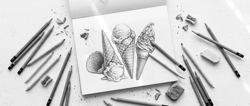 Monochrome Flat Lay of Ice Cream Sketch