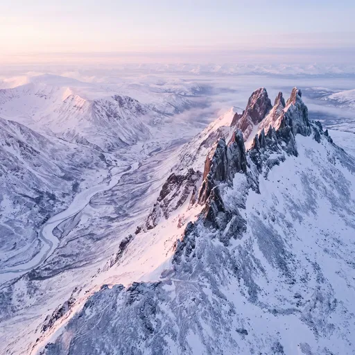 Aerial View of Snowy Jagged Mountain Peaks