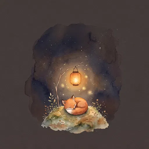 Sleeping Fox Under Glowing Lantern Watercolor