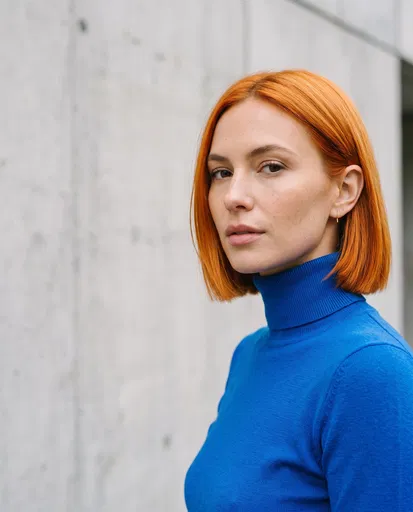 Woman With Copper Bob in Blue Turtleneck