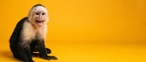 Laughing Capuchin Monkey on Yellow Backdrop