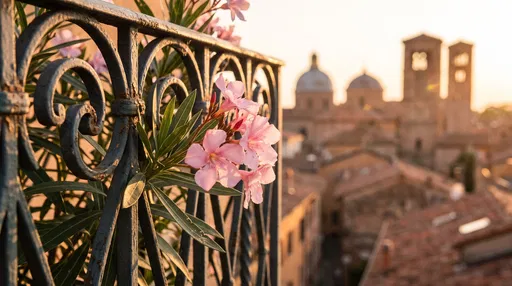 Pink Oleander on Balcony Overlooking Historic Skyline