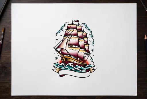 Traditional Clipper Ship Tattoo Flash Illustration