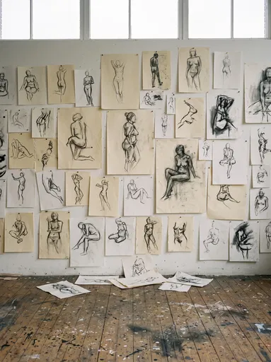 Charcoal Figure Sketches on Studio Wall