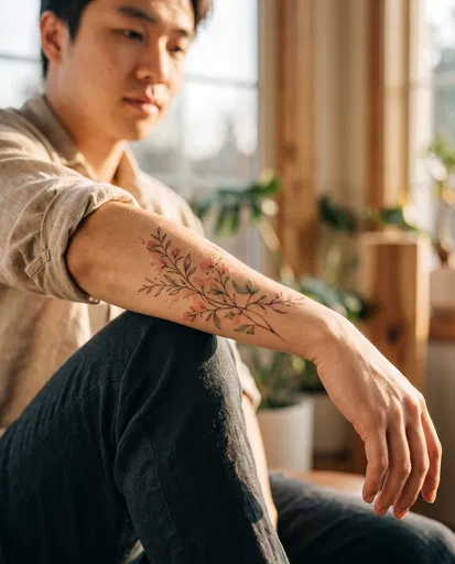 Young Man Showing Botanical Forearm Tattoo