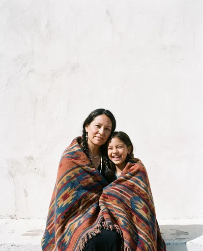 Indigenous Mother and Daughter in Woven Blanket