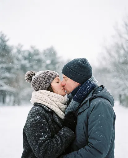 Couple Kissing in Falling Winter Snow