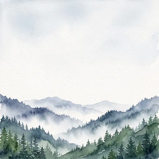 Watercolor Misty Pine Mountains Landscape