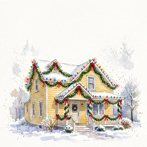 Watercolor Yellow House with Christmas Lights