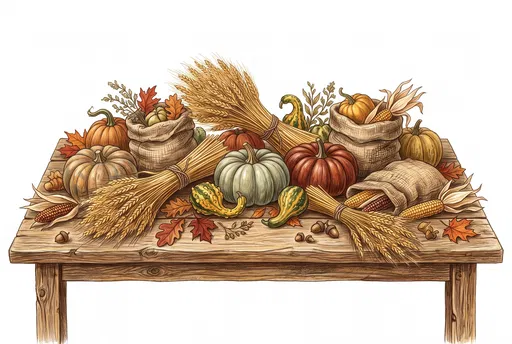 Autumn Harvest Table Colored Pencil Illustration