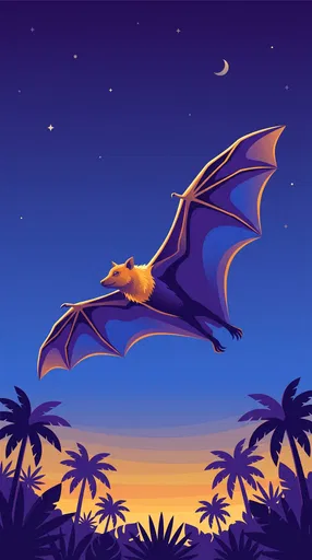 Flying Fox Soaring Over Twilight Palms