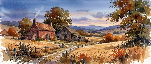 Watercolor Farmhouse and Barn at Dusk
