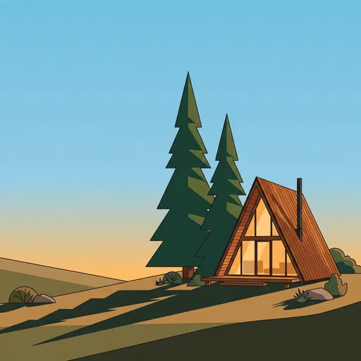 Minimalist A-Frame Cabin Illustration at Sunset
