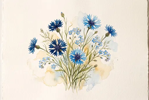 Watercolor Blue Cornflowers and Forget-Me-Nots