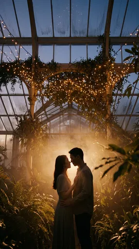 Couple Embracing in Misty Lit Greenhouse