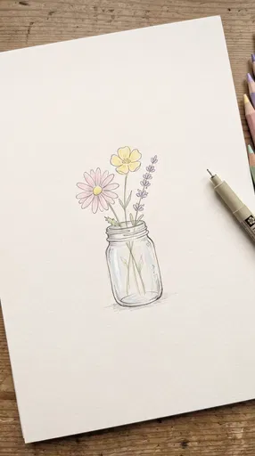 Pastel Wildflowers Sketch in Mason Jar