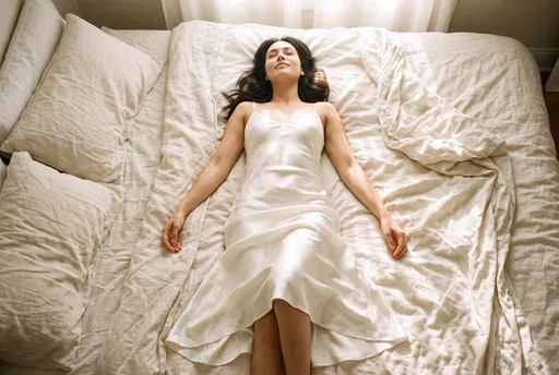Woman Lying on Bed in Silk Dress