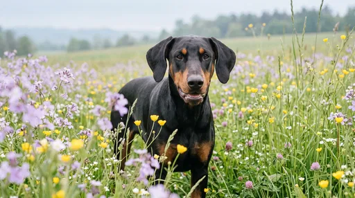 Floppy-Eared Doberman in Wildflower Meadow