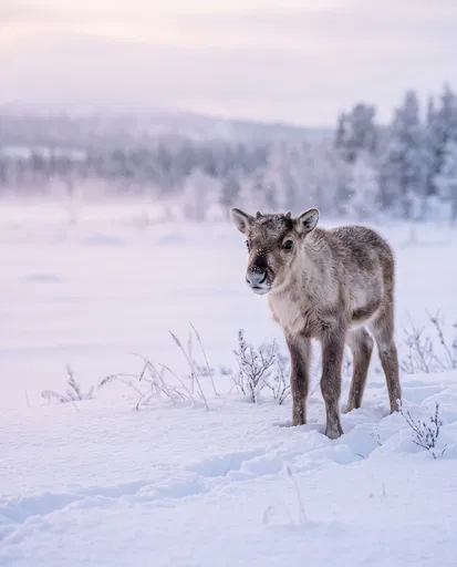 Young Reindeer Calf in Snowy Meadow